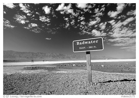 Badwater, lowest point in the US. Death Valley National Park (black and white)