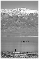 Tourist, ephemeral Loch Ness Monster in Manly Lake, and Telescope Peak. Death Valley National Park ( black and white)