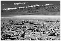 Rock field, salt flats, and Panamint Range, morning. Death Valley National Park, California, USA. (black and white)