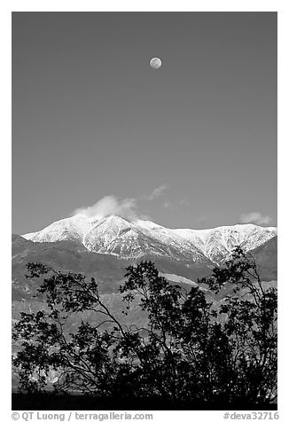 Moon and Panamint Range seen from the West. Death Valley National Park (black and white)