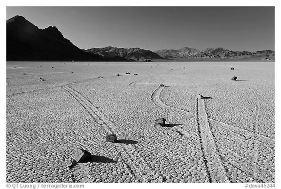Sailing rocks, the Racetrack playa. Death Valley National Park (black and white)