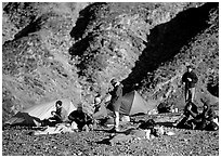 Group at backcountry camp. Death Valley National Park, California, USA. (black and white)