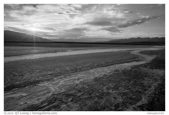 Rivers of salt and sunset, Cottonball Basin. Death Valley National Park (black and white)