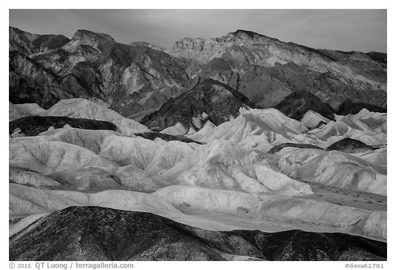 Badlands at dawn, Twenty Mule Team Canyon. Death Valley National Park (black and white)