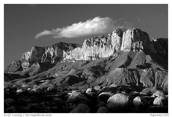 Boulders, El Capitan, and Guadalupe Range, sunset. Guadalupe Mountains National Park (black and white)