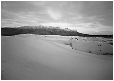 Salt Basin dunes and Guadalupe range at sunset. Guadalupe Mountains National Park, Texas, USA. (black and white)