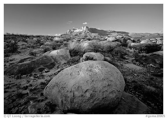 Boulders and Guadalupe range at sunset. Guadalupe Mountains National Park (black and white)