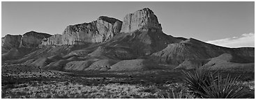El Capitan cliffs at sunset. Guadalupe Mountains National Park (Panoramic black and white)