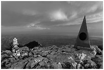 Cairn and monument on summit of Guadalupe Peak. Guadalupe Mountains National Park, Texas, USA. (black and white)