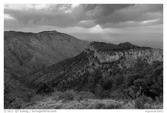 Hunter Peak and Guadalupe Peak shoulder, stormy sunrise. Guadalupe Mountains National Park (black and white)