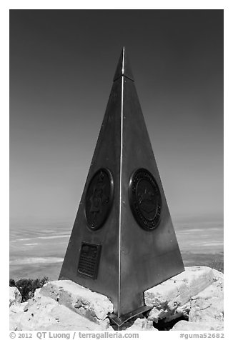 Stainless steel monument placed by American Airlines in the 1950s on top of Guadalupe Peak. Guadalupe Mountains National Park (black and white)