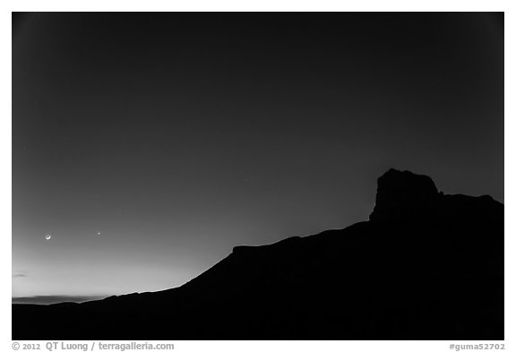 El Capitan profile and moon at dusk. Guadalupe Mountains National Park (black and white)