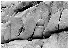 Stacked boulders in Hidden Valley. Joshua Tree National Park, California, USA. (black and white)