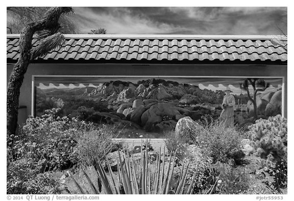 Desert plants and mural, Oasis Visitor Center. Joshua Tree National Park (black and white)