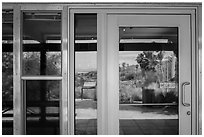 Oasis de Mara, Oasis Visitor Center window reflexion. Joshua Tree National Park ( black and white)