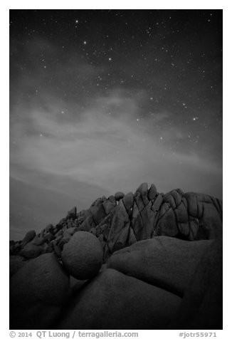 Geometrically shaped rocks and stars at night. Joshua Tree National Park (black and white)