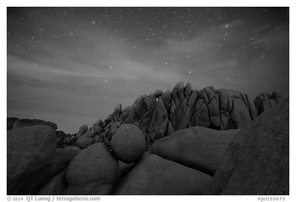 Geometrically shaped rocks and night sky. Joshua Tree National Park (black and white)
