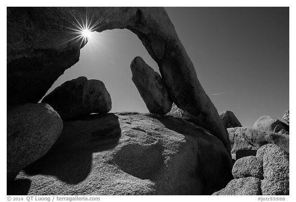 Arch Rock and sunstar. Joshua Tree National Park (black and white)