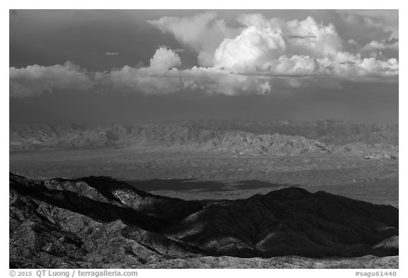 Desert mountains and afternoon clouds, Rincon Mountain District. Saguaro National Park (black and white)