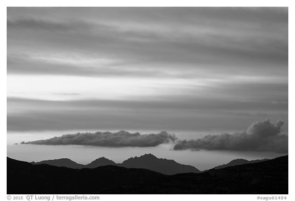 Mountains and clouds past sunset, Rincon Mountain District. Saguaro National Park (black and white)