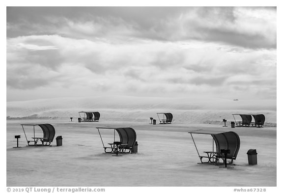 Shelters in picnic area. White Sands National Park (black and white)