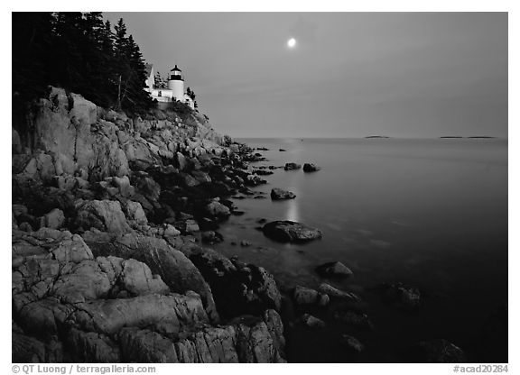 Bass Harbor Lighthouse, moon and reflection. Acadia National Park (black and white)
