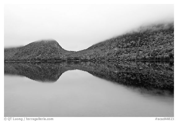Hills, reflections, and fog in autumn, Jordan Pond. Acadia National Park (black and white)