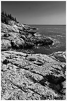 Rocky ocean shoreline, Isle Au Haut. Acadia National Park, Maine, USA. (black and white)