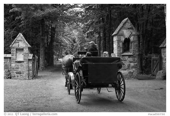 Carriage passing through carriage road gate. Acadia National Park, Maine, USA.