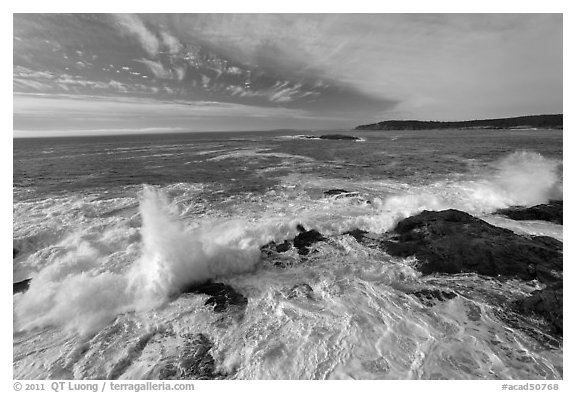 Surf breaking over rocks. Acadia National Park (black and white)