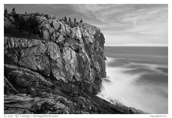 Sea cliff and blurred ocean water. Acadia National Park (black and white)