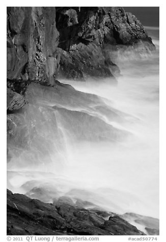 Blurred water at base of Great Head. Acadia National Park (black and white)