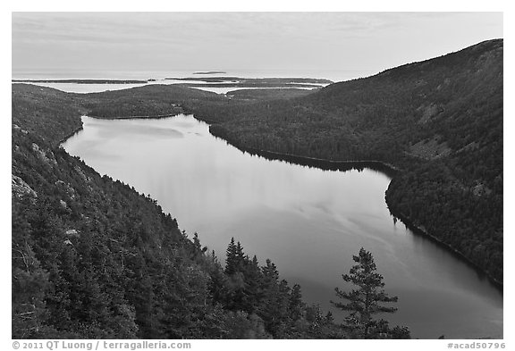 Jordan Pond from above, sunset. Acadia National Park (black and white)
