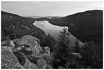 Forested hills and Jordan pond from above at dusk. Acadia National Park, Maine, USA. (black and white)