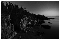 Ravens Nest with stary sky at moonset, Schoodic Peninsula. Acadia National Park ( black and white)