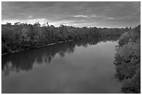 Congaree River under storm clouds at sunset. Congaree National Park, South Carolina, USA. (black and white)