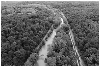Aerial view of Scenic Railroad along Cuyahoga River and Towpath Trail along Ohio Erie Canal. Cuyahoga Valley National Park ( black and white)