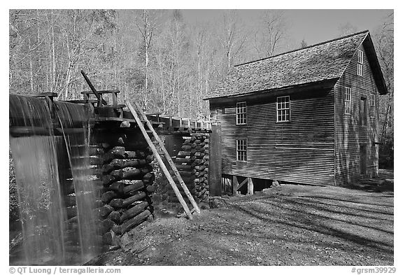 Millrace carrying water to Mingus Mill, North Carolina. Great Smoky Mountains National Park (black and white)
