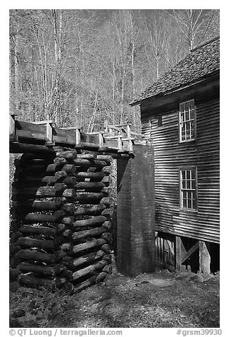 Millrace and Mingus grist mill, North Carolina. Great Smoky Mountains National Park (black and white)