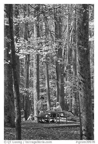 Family at picnic table in autumn forest, Tennessee. Great Smoky Mountains National Park (black and white)