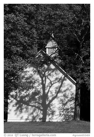 Palmer Chapel with tree shadow, Big Cataloochee, North Carolina. Great Smoky Mountains National Park (black and white)
