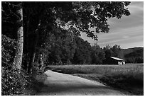 Road and barn, Big Cataloochee, North Carolina. Great Smoky Mountains National Park ( black and white)
