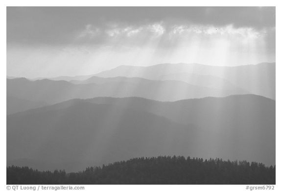 God's rays and ridges from Clingmans Dome, early morning, North Carolina. Great Smoky Mountains National Park (black and white)
