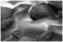 Mossy boulders and flowing water, Roaring Fork River, Tennessee. Great Smoky Mountains National Park, USA. (black and white)