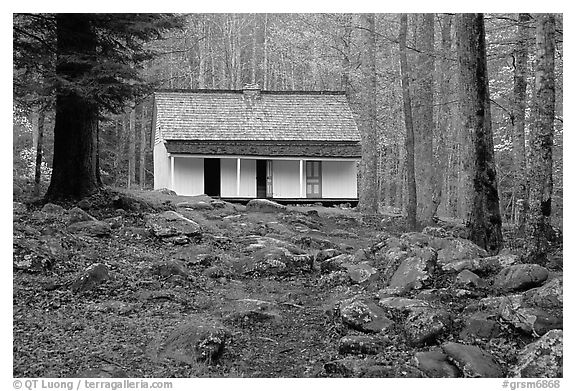 Alfred Reagan saddlebag house, Tennessee. Great Smoky Mountains National Park (black and white)