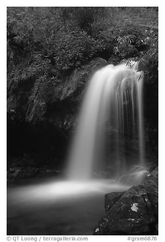 Grotto falls in darkness of dusk, Tennessee. Great Smoky Mountains National Park (black and white)