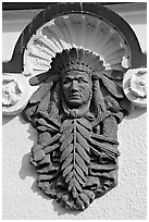Bas relief depicting Indian chief on Quapaw Baths facade. Hot Springs National Park, Arkansas, USA. (black and white)