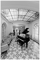 Music room with ceiling of art glass. Hot Springs National Park, Arkansas, USA. (black and white)