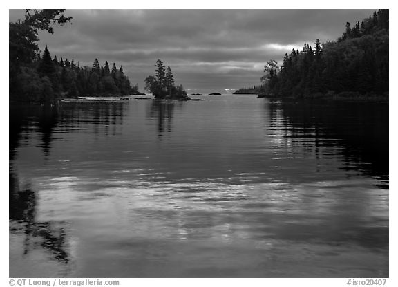 Islet in Chippewa Harbor at sunrise. Isle Royale National Park (black and white)