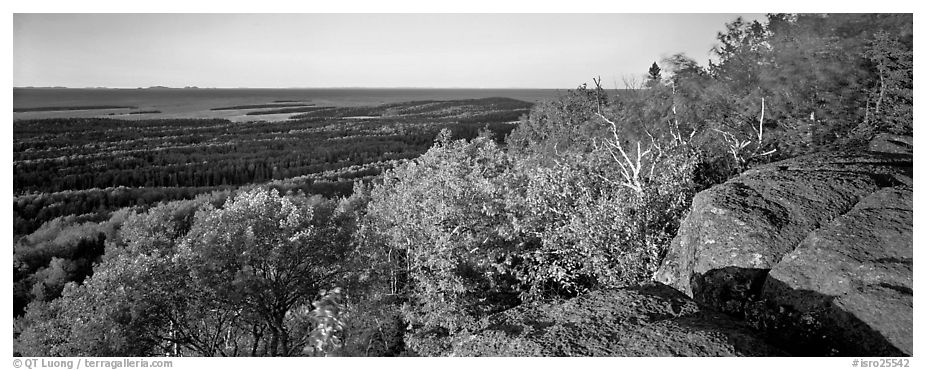 Rocky bluff overlooking island with Lake Superior in the distance. Isle Royale National Park (black and white)